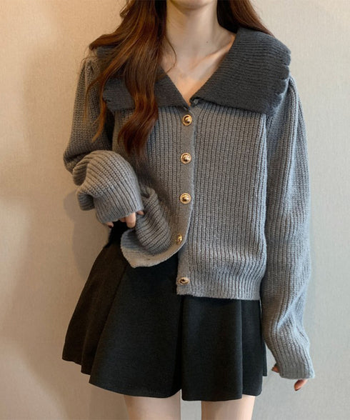 ニットカーディガン レディース 大きめ襟 ニットウェア 体型カバー 配色 前開き ボタン 羽織り ゆったり きれいめ 無地 大人 可愛い おしゃれ 着回し 99GLT-007