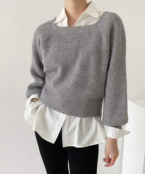 ニットトップス レディース 無地 セーター プルオーバー ニットソー スクエアネック 編み オフィス カジュアル 大人 フェミニン シンプル 99GLT-008