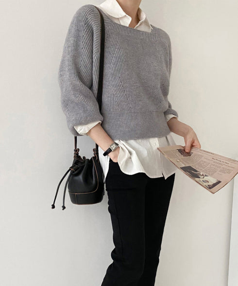 ニットトップス レディース 無地 セーター プルオーバー ニットソー スクエアネック 編み オフィス カジュアル 大人 フェミニン シンプル 99GLT-008