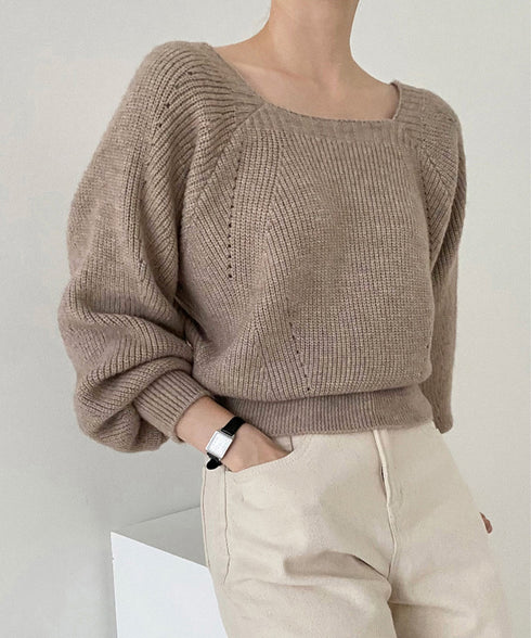 ニットトップス レディース 無地 セーター プルオーバー ニットソー スクエアネック 編み オフィス カジュアル 大人 フェミニン シンプル 99GLT-008