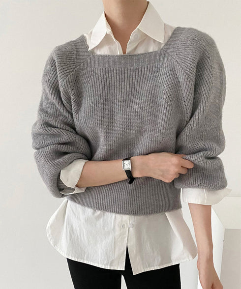 ニットトップス レディース 無地 セーター プルオーバー ニットソー スクエアネック 編み オフィス カジュアル 大人 フェミニン シンプル 99GLT-008