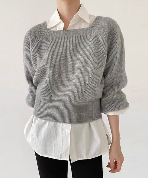 ニットトップス レディース 無地 セーター プルオーバー ニットソー スクエアネック 編み オフィス カジュアル 大人 フェミニン シンプル 99GLT-008