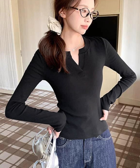 長袖Tシャツ レディース Vネック 無地 プルオーバー セクシー 細見え おしゃれ オルチャン 着やせ 大人 おしゃれ フィット フェミニン 99GLT-010