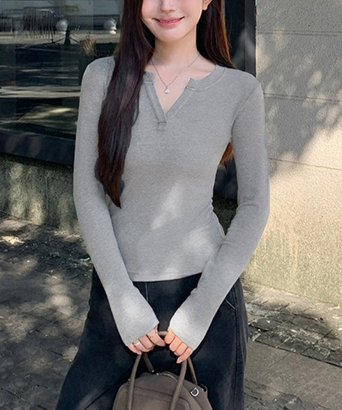 長袖Tシャツ レディース Vネック 無地 プルオーバー セクシー 細見え おしゃれ オルチャン 着やせ 大人 おしゃれ フィット フェミニン 99GLT-010
