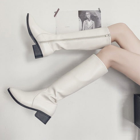 ニーハイブーツ レディース ロング丈 ニーハイブーツ レディース ロング丈 スクエアトゥ ローヒール 合皮 レザー調 春秋冬 美脚 大人 99GYXC-005