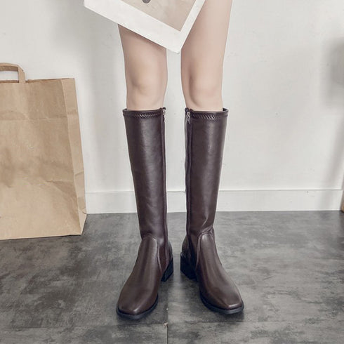 ニーハイブーツ レディース ロング丈 ニーハイブーツ レディース ロング丈 スクエアトゥ ローヒール 合皮 レザー調 春秋冬 美脚 大人 99GYXC-005