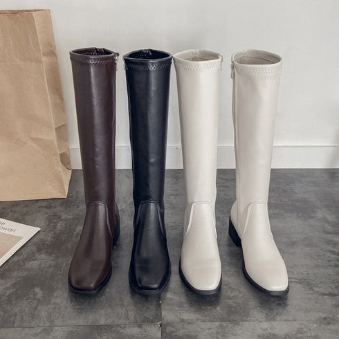 ニーハイブーツ レディース ロング丈 ニーハイブーツ レディース ロング丈 スクエアトゥ ローヒール 合皮 レザー調 春秋冬 美脚 大人 99GYXC-005