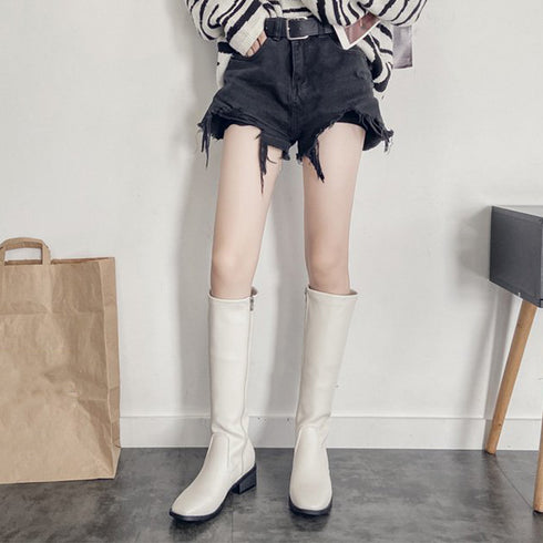 ニーハイブーツ レディース ロング丈 ニーハイブーツ レディース ロング丈 スクエアトゥ ローヒール 合皮 レザー調 春秋冬 美脚 大人 99GYXC-005