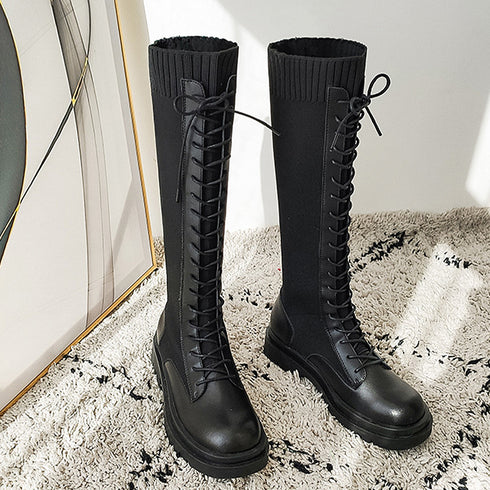 ロングブーツ ブーツレディース 韓国 靴 シューズ 厚底 編み上げ レースアップ 大人 きれいめ シンプル ジョッキーブーツ 美脚 秋冬 人気新作 疲れにくい 99GYXC-027