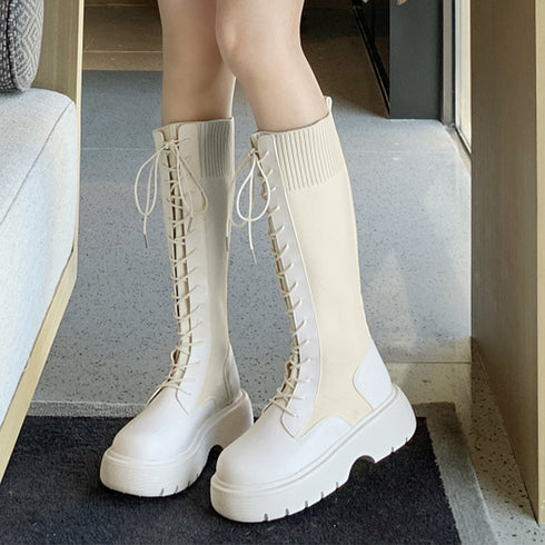 ロングブーツ ブーツレディース 韓国 靴 シューズ 厚底 編み上げ レースアップ 大人 きれいめ シンプル ジョッキーブーツ 美脚 秋冬 人気新作 疲れにくい 99GYXC-027