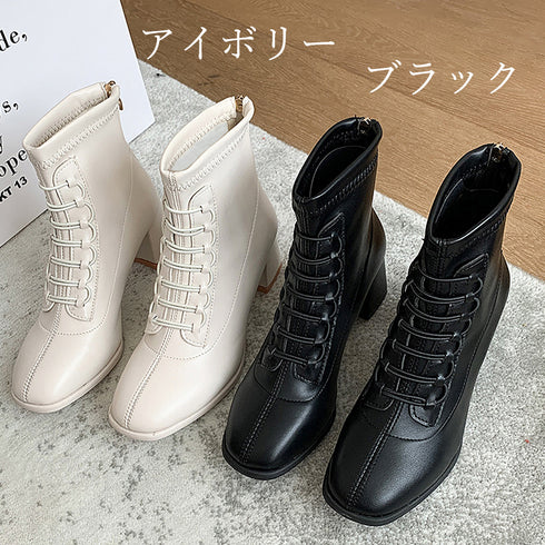 ショートブーツ 秋冬 レディース 韓国 太ヒール チャンキーヒール きれい 美脚 カジュアル 大人 合皮 バックファスナー 歩きやすい 履きやすい 99GYXC-028