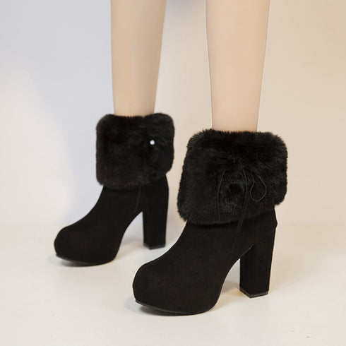 ファーブーツ ブーティー 太ヒール 韓国 レディースブーツ 10cm チャンキーヒール靴 あったか 疲れにくい 秋冬 カジュアル 履きやすいブーツ おしゃれくつ 99GYXC-045