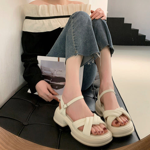 厚底サンダル 美脚 レディース 韓国 夏 サマーサンダル 厚底ソール ボリューム 太ヒール クロスストラップ 歩きやすい 疲れない 人気 カジュアル 大人可愛い靴 99GYXC-050