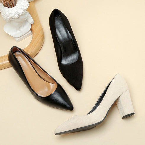 太ヒールパンプス レディース通勤 美脚 ポインテッドトゥ シューズ チャンキーヒール OL カジュアル お洒落 大人 疲れにくい 歩きやすい PU スエード 99GYXC-063