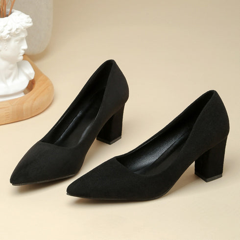 太ヒールパンプス レディース通勤 美脚 ポインテッドトゥ シューズ チャンキーヒール OL カジュアル お洒落 大人 疲れにくい 歩きやすい PU スエード 99GYXC-063