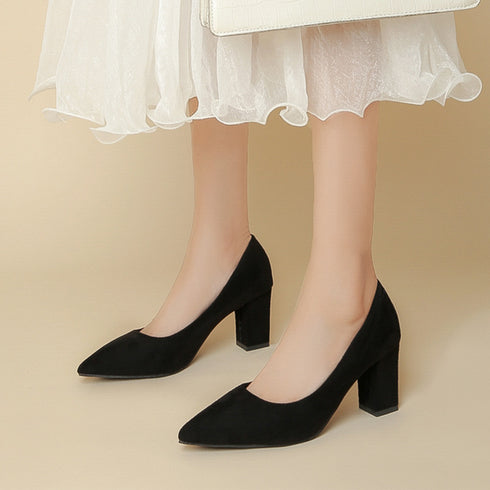 太ヒールパンプス レディース通勤 美脚 ポインテッドトゥ シューズ チャンキーヒール OL カジュアル お洒落 大人 疲れにくい 歩きやすい PU スエード 99GYXC-063