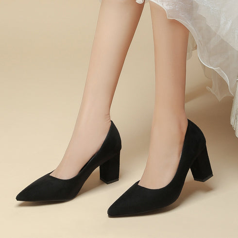 太ヒールパンプス レディース通勤 美脚 ポインテッドトゥ シューズ チャンキーヒール OL カジュアル お洒落 大人 疲れにくい 歩きやすい PU スエード 99GYXC-063