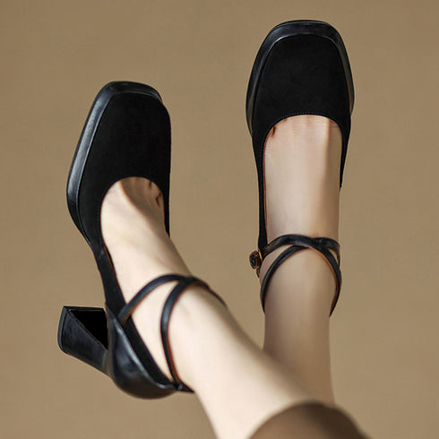 パンプス スエード調 ヒール 美脚 華奢 レディース靴 ハイヒール スクエアトゥ PUレザー フェミニン きれいめ 歩きやすい 痛くない 大人 上品 99GYXC-064