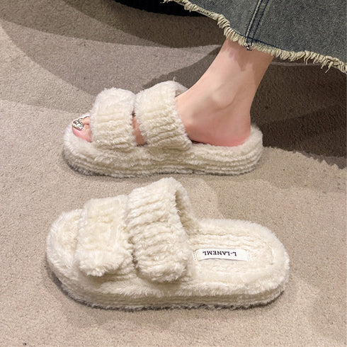 ファーサンダル レディース 厚底スリッパ ボリュームソール コンフォート 可愛い 暖かい おしゃれ フェイクファー ふわふわ ぺたんこ 靴 歩きやすい 99GYXC-071