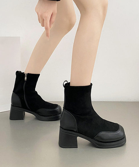 厚底ショートブーツ レディース靴 秋冬 5.5cm太ヒール スクエアトゥ 美脚ブーツ 歩きやすい 履きやすい おしゃれ 大人カッコイイ カジュアル オルチャン 99GYXC-077
