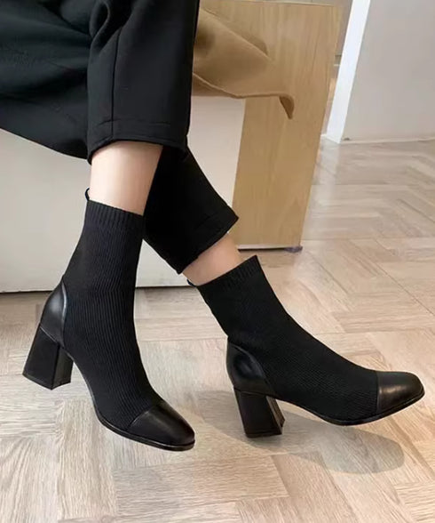 ソックス風ブーツ レディース 太ヒール ショートブーツ ショート丈 ミドルヒール 合皮 秋冬 ブラック 大人 オルチャン 疲れない おしゃれ 歩きやすい 99GYXC-081