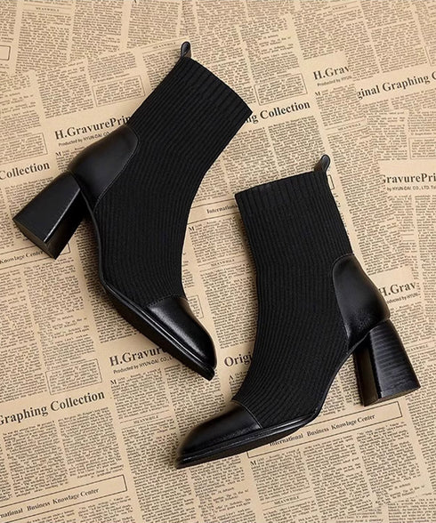 ソックス風ブーツ レディース 太ヒール ショートブーツ ショート丈 ミドルヒール 合皮 秋冬 ブラック 大人 オルチャン 疲れない おしゃれ 歩きやすい 99GYXC-081