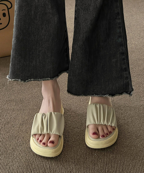 厚底サンダル ミュールサンダル 美脚 夏 レディース かかとなし フラットソール リゾートサンダル おしゃれ 履きやすい 疲れない ギャザー 旅行 楽ちん 99GYXC-087