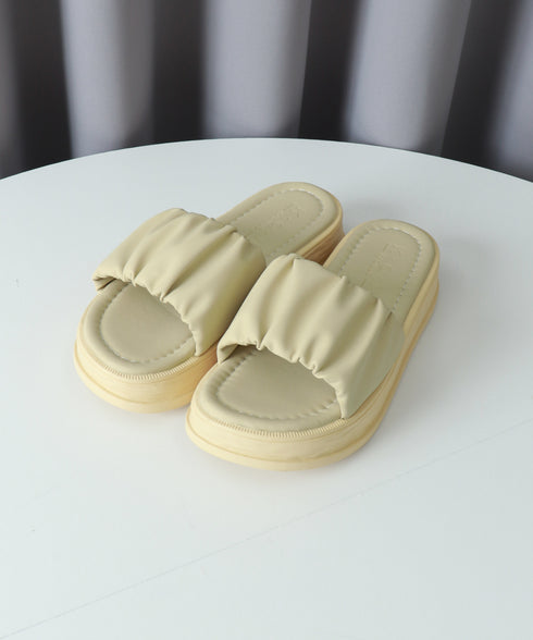 厚底サンダル ミュールサンダル 美脚 夏 レディース かかとなし フラットソール リゾートサンダル おしゃれ 履きやすい 疲れない ギャザー 旅行 楽ちん 99GYXC-087