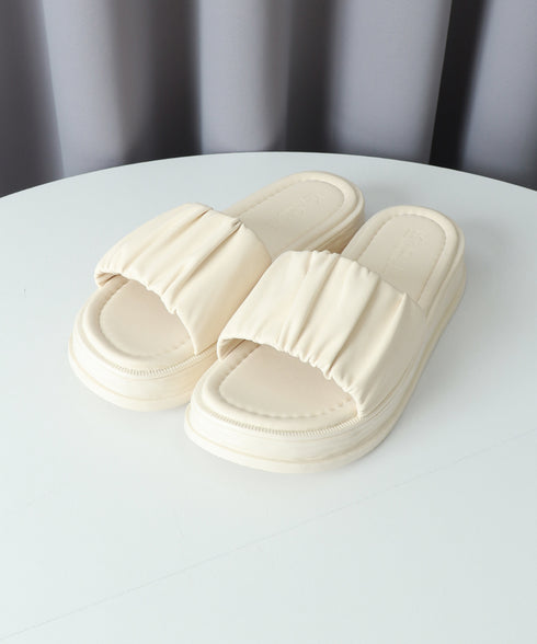 厚底サンダル ミュールサンダル 美脚 夏 レディース かかとなし フラットソール リゾートサンダル おしゃれ 履きやすい 疲れない ギャザー 旅行 楽ちん 99GYXC-087