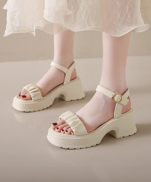 厚底サンダル 太ヒール 美脚 春夏 レディース アンクルストラップ チャンキーヒール スクエアトゥ ギャザー カジュアルきれいめ 大人可愛い ビーチサンダル 99GYXC-091