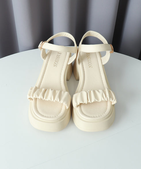 厚底サンダル 太ヒール 美脚 春夏 レディース アンクルストラップ チャンキーヒール スクエアトゥ ギャザー カジュアルきれいめ 大人可愛い ビーチサンダル 99GYXC-091