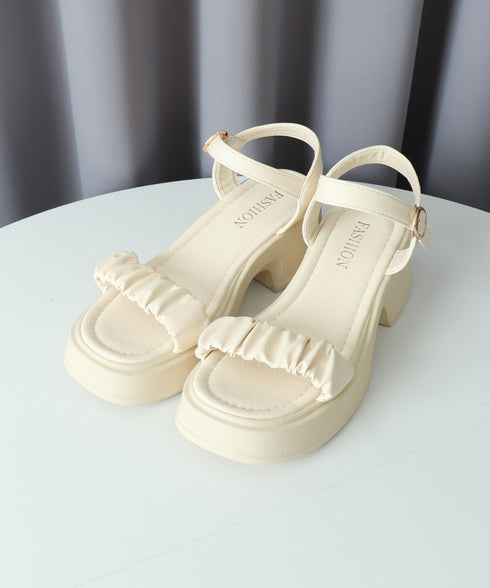 厚底サンダル 太ヒール 美脚 春夏 レディース アンクルストラップ チャンキーヒール スクエアトゥ ギャザー カジュアルきれいめ 大人可愛い ビーチサンダル 99GYXC-091