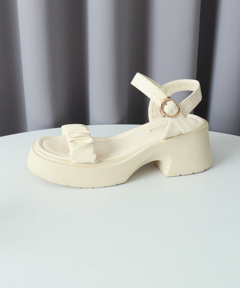 厚底サンダル 太ヒール 美脚 春夏 レディース アンクルストラップ チャンキーヒール スクエアトゥ ギャザー カジュアルきれいめ 大人可愛い ビーチサンダル 99GYXC-091