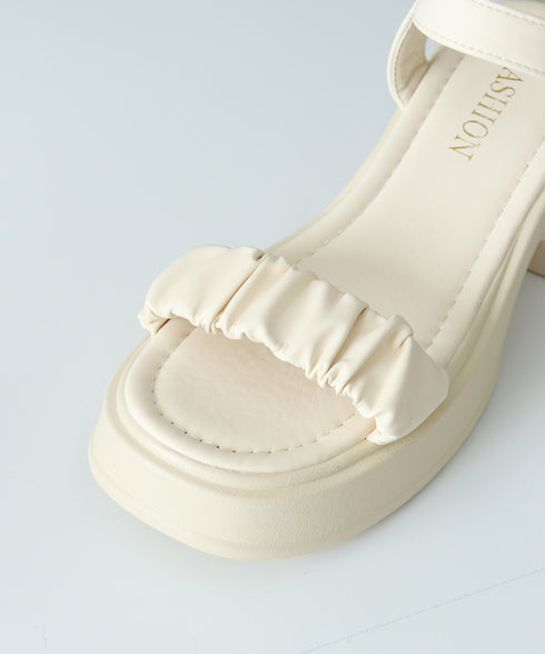 厚底サンダル 太ヒール 美脚 春夏 レディース アンクルストラップ チャンキーヒール スクエアトゥ ギャザー カジュアルきれいめ 大人可愛い ビーチサンダル 99GYXC-091