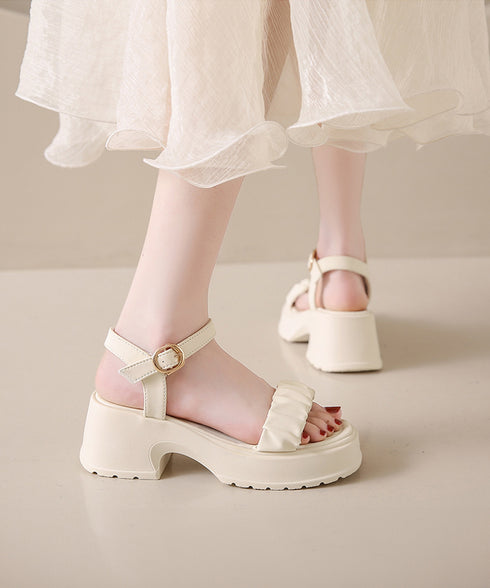 厚底サンダル 太ヒール 美脚 春夏 レディース アンクルストラップ チャンキーヒール スクエアトゥ ギャザー カジュアルきれいめ 大人可愛い ビーチサンダル 99GYXC-091