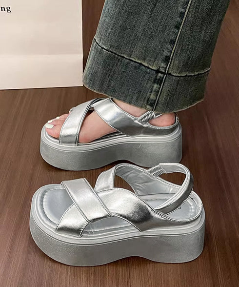 厚底サンダル クロスベルト レディース夏 サマーシューズ シンプル リラックス シルバー 快適 履きやすい カジュアル オルチャン アウトドア ビーチ旅行 99GYXC-136