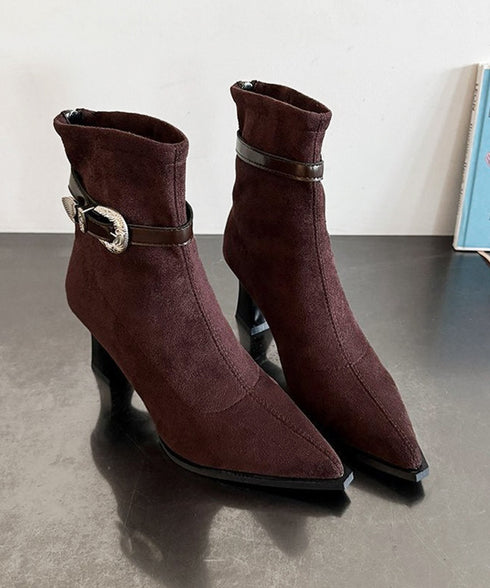 ポインテッドトゥ ブーツ ショートブーツ レディース ブーティー 裏微起毛 チャンキーヒール 秋冬 太ヒール フェミニン オフィスカジュアル 歩きやすい おしゃれ 99GYXC-144