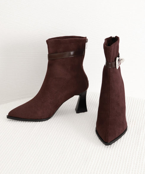 ポインテッドトゥ ブーツ ショートブーツ レディース ブーティー 裏微起毛 チャンキーヒール 秋冬 太ヒール フェミニン オフィスカジュアル 歩きやすい おしゃれ 99GYXC-144