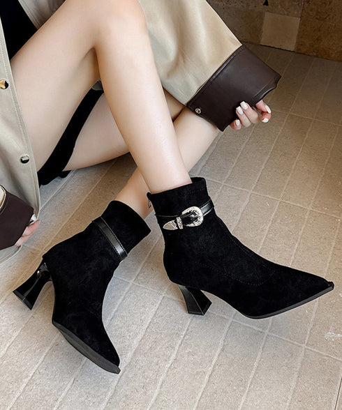 ポインテッドトゥ ブーツ ショートブーツ レディース ブーティー 裏微起毛 チャンキーヒール 秋冬 太ヒール フェミニン オフィスカジュアル 歩きやすい おしゃれ 99GYXC-144