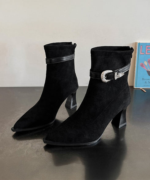 ポインテッドトゥ ブーツ ショートブーツ レディース ブーティー 裏微起毛 チャンキーヒール 秋冬 太ヒール フェミニン オフィスカジュアル 歩きやすい おしゃれ 99GYXC-144