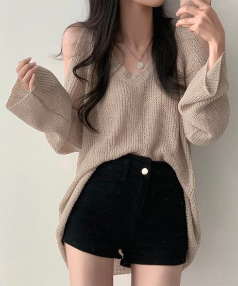 肩出しニット レディース Vネック ニットセーター 長袖 無地 ゆったり セクシー 着やせ 着回し 大人 シンプル おしゃれ オルチャン きれいめ 99HHFS-001