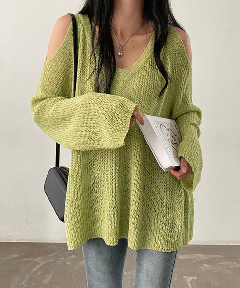 肩出しニット レディース Vネック ニットセーター 長袖 無地 ゆったり セクシー 着やせ 着回し 大人 シンプル おしゃれ オルチャン きれいめ 99HHFS-001