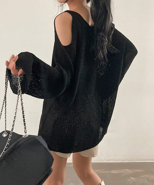 肩出しニット レディース Vネック ニットセーター 長袖 無地 ゆったり セクシー 着やせ 着回し 大人 シンプル おしゃれ オルチャン きれいめ 99HHFS-001
