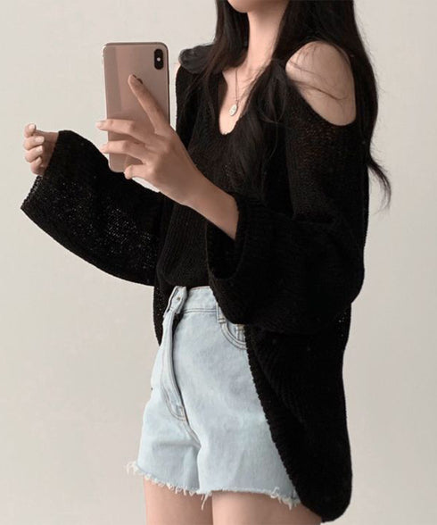 肩出しニット レディース Vネック ニットセーター 長袖 無地 ゆったり セクシー 着やせ 着回し 大人 シンプル おしゃれ オルチャン きれいめ 99HHFS-001
