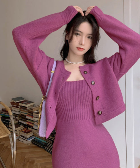 ニットセットアップ レディース2点セット カーディガン ワンピース キャミソールドレス ショート丈 ボタン セーター 着やせ セクシー 大人 お洒落 オルチャン 99HQB-001