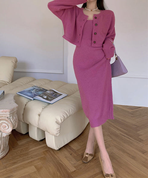 ニットセットアップ レディース2点セット カーディガン ワンピース キャミソールドレス ショート丈 ボタン セーター 着やせ セクシー 大人 お洒落 オルチャン 99HQB-001