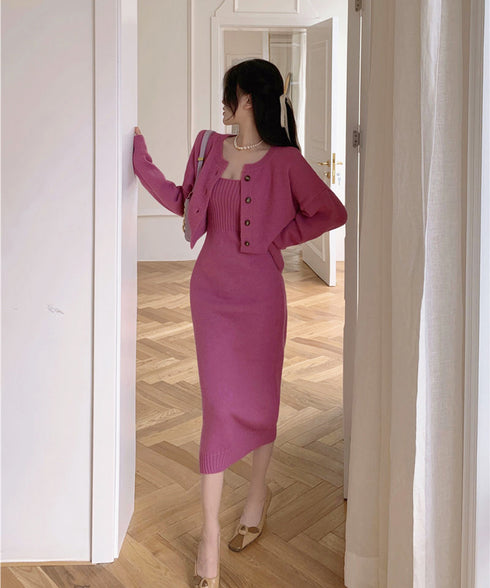 ニットセットアップ レディース2点セット カーディガン ワンピース キャミソールドレス ショート丈 ボタン セーター 着やせ セクシー 大人 お洒落 オルチャン 99HQB-001