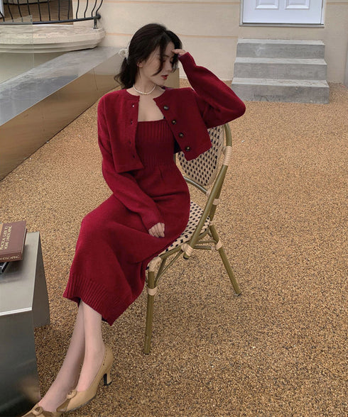 ニットセットアップ レディース2点セット カーディガン ワンピース キャミソールドレス ショート丈 ボタン セーター 着やせ セクシー 大人 お洒落 オルチャン 99HQB-001