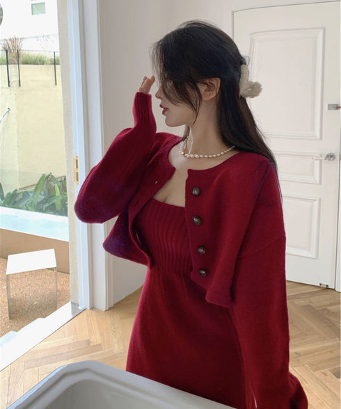 ニットセットアップ レディース2点セット カーディガン ワンピース キャミソールドレス ショート丈 ボタン セーター 着やせ セクシー 大人 お洒落 オルチャン 99HQB-001
