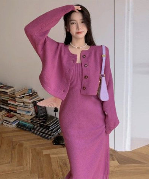 ニットセットアップ レディース2点セット カーディガン ワンピース キャミソールドレス ショート丈 ボタン セーター 着やせ セクシー 大人 お洒落 オルチャン 99HQB-001